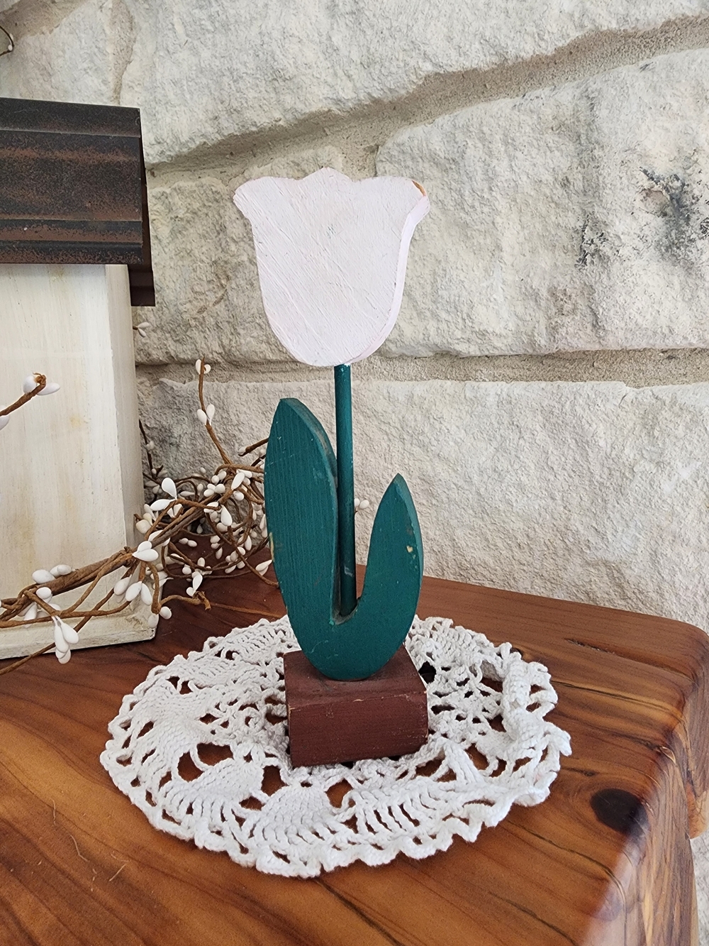 Handmade Wooden Tulip Table Decor - Pink & Teal